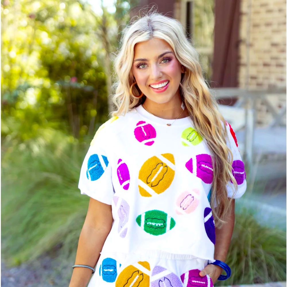 Queen of Sparkles White Fuzzy Multi Color Football Top 🏈 Size XL